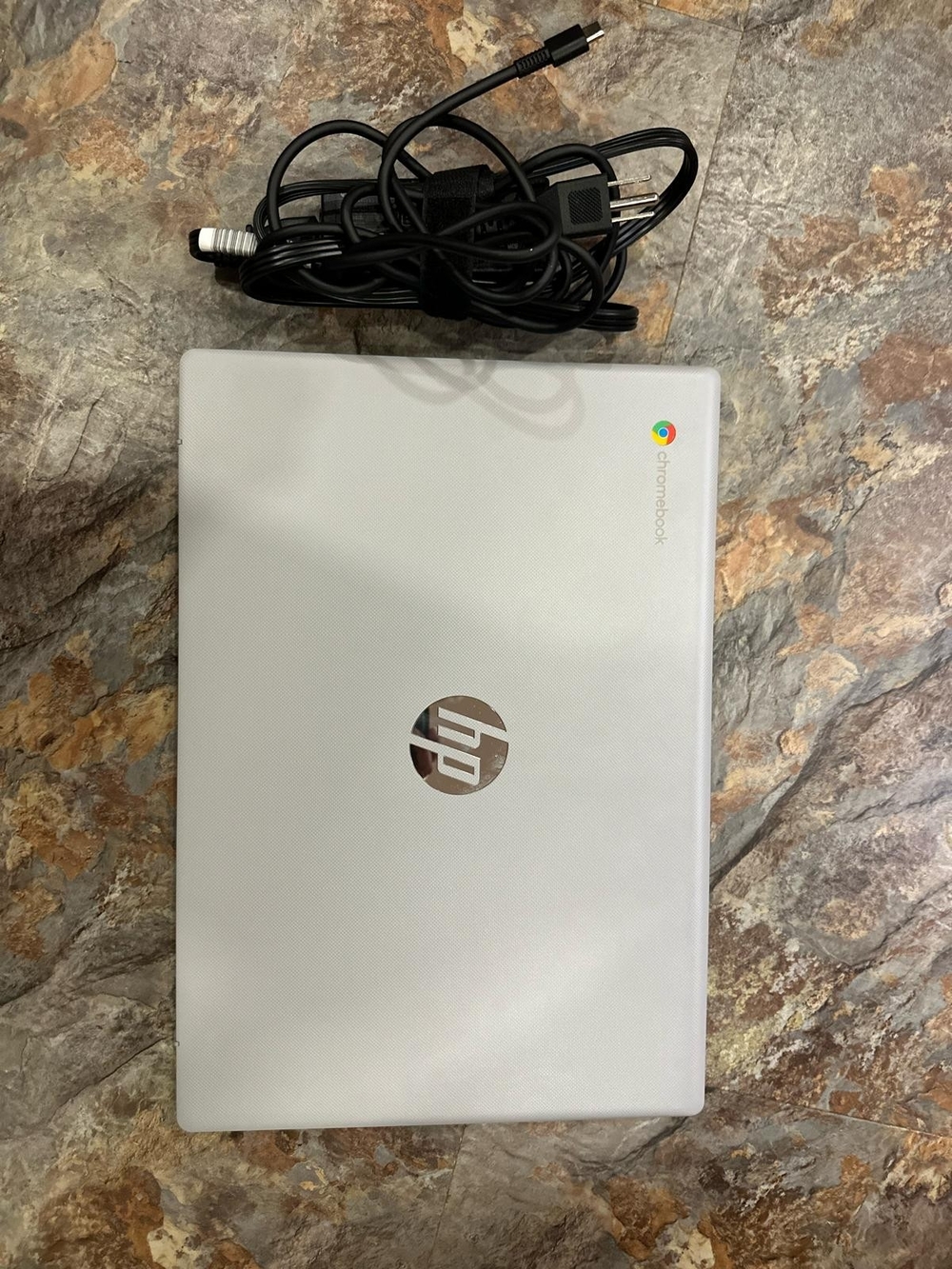 HP Chromebook Laptop in Silver with Chrome Logo